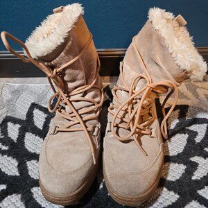 Snow Boot Women's Tan Suede Lace Up Mid Calf Boots